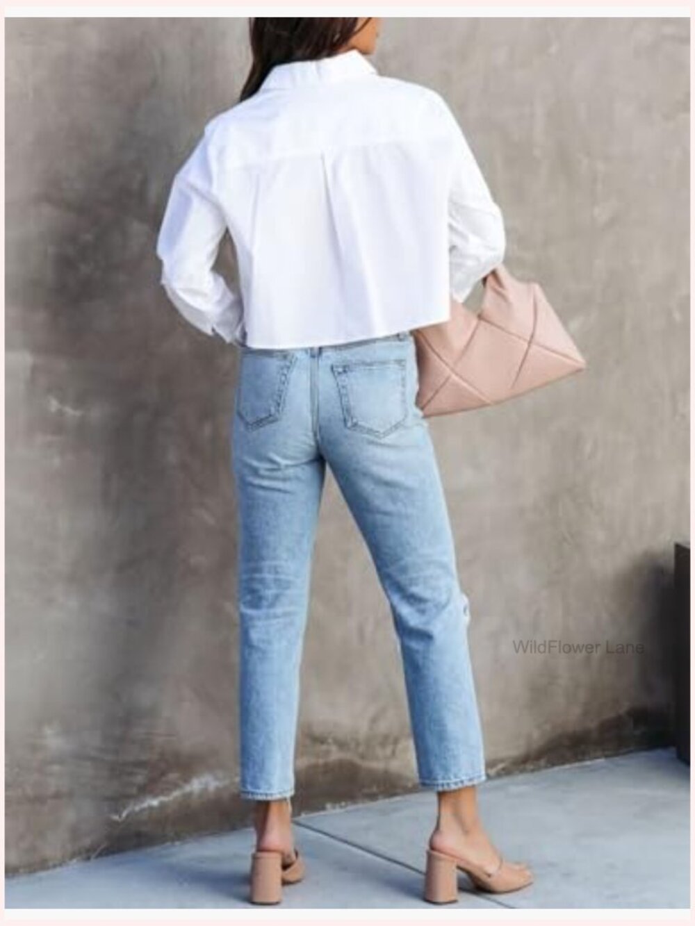 Women Cropped Long Sleeve Button Down Shirt with Pocket - Solid Casual Blouse - Picture 6 of 7